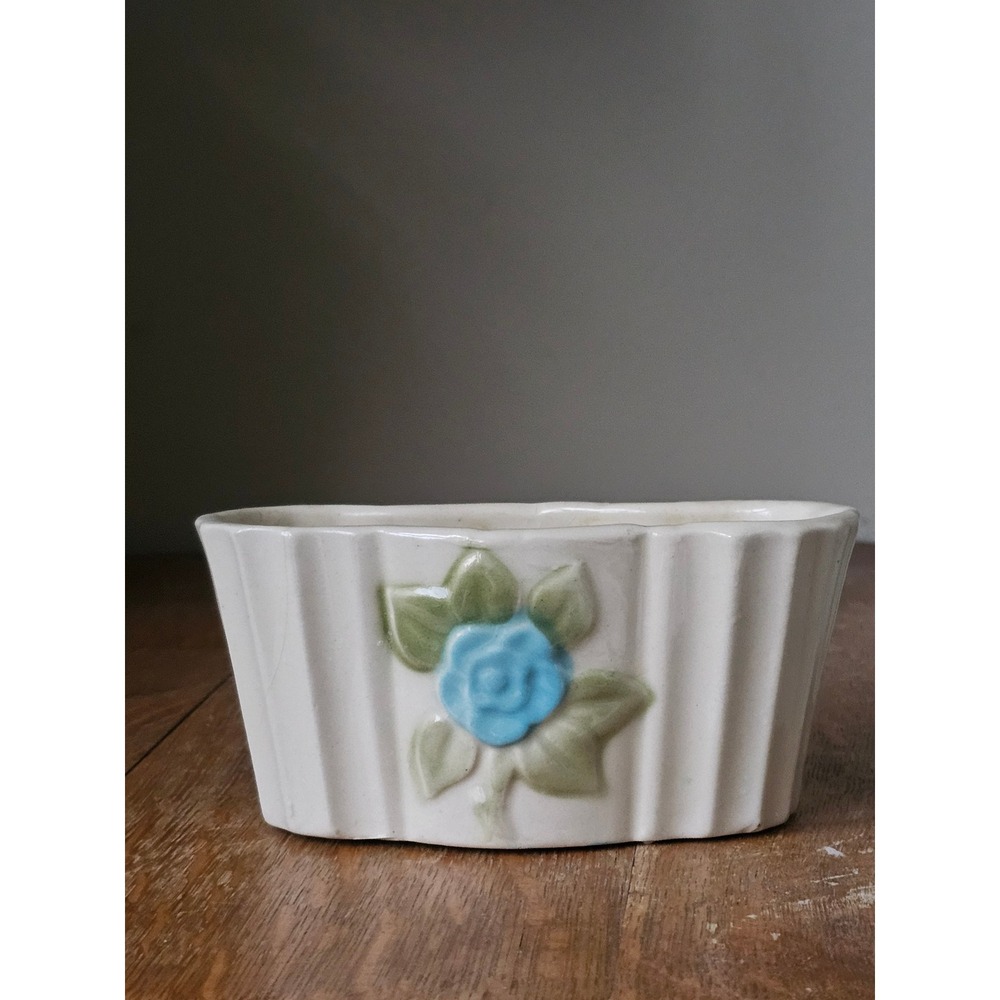 Vtg 1940s Ceramic Planter Mortan Blue Flower Relief MCM cottagecore